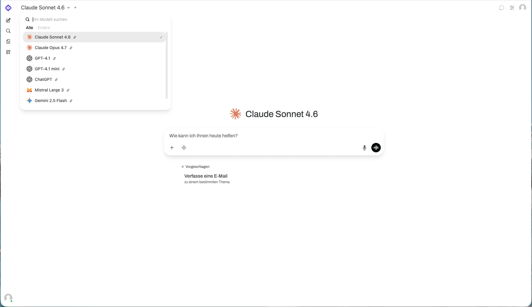 Modellauswahl in visibus: Claude Sonnet 4.6, Claude Opus 4.7, GPT-4.1, ChatGPT, Mistral Large 3, Gemini 2.5 Flash