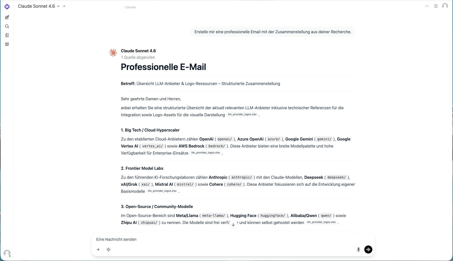 visibus KI-Chat mit Claude Sonnet 4.6 — strukturierte Antwort zu LLM-Anbietern