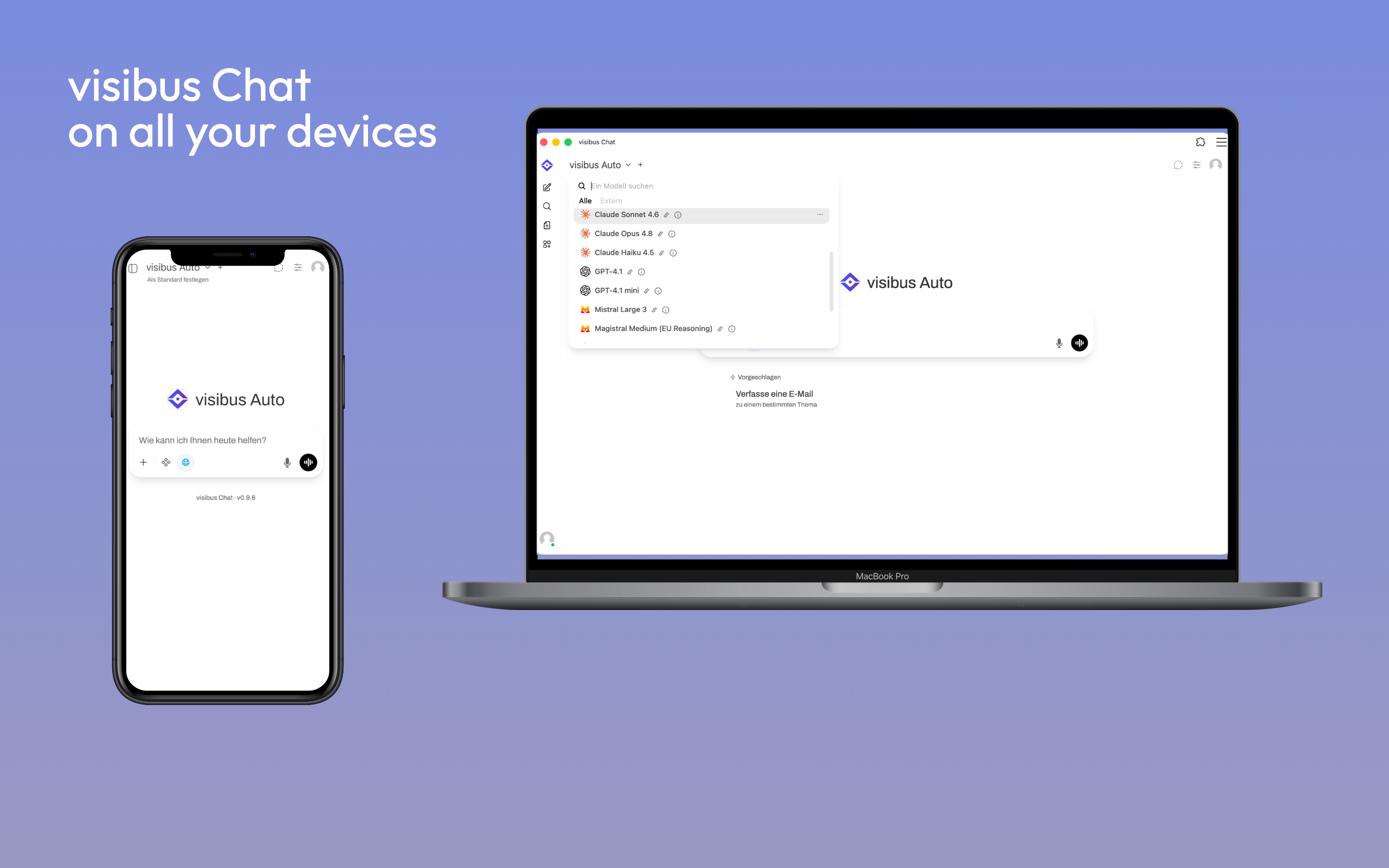 visibus Chat mit geöffneter Modellauswahl: visibus Auto sowie Claude, GPT und Mistral nebeneinander, auf Laptop und Smartphone.